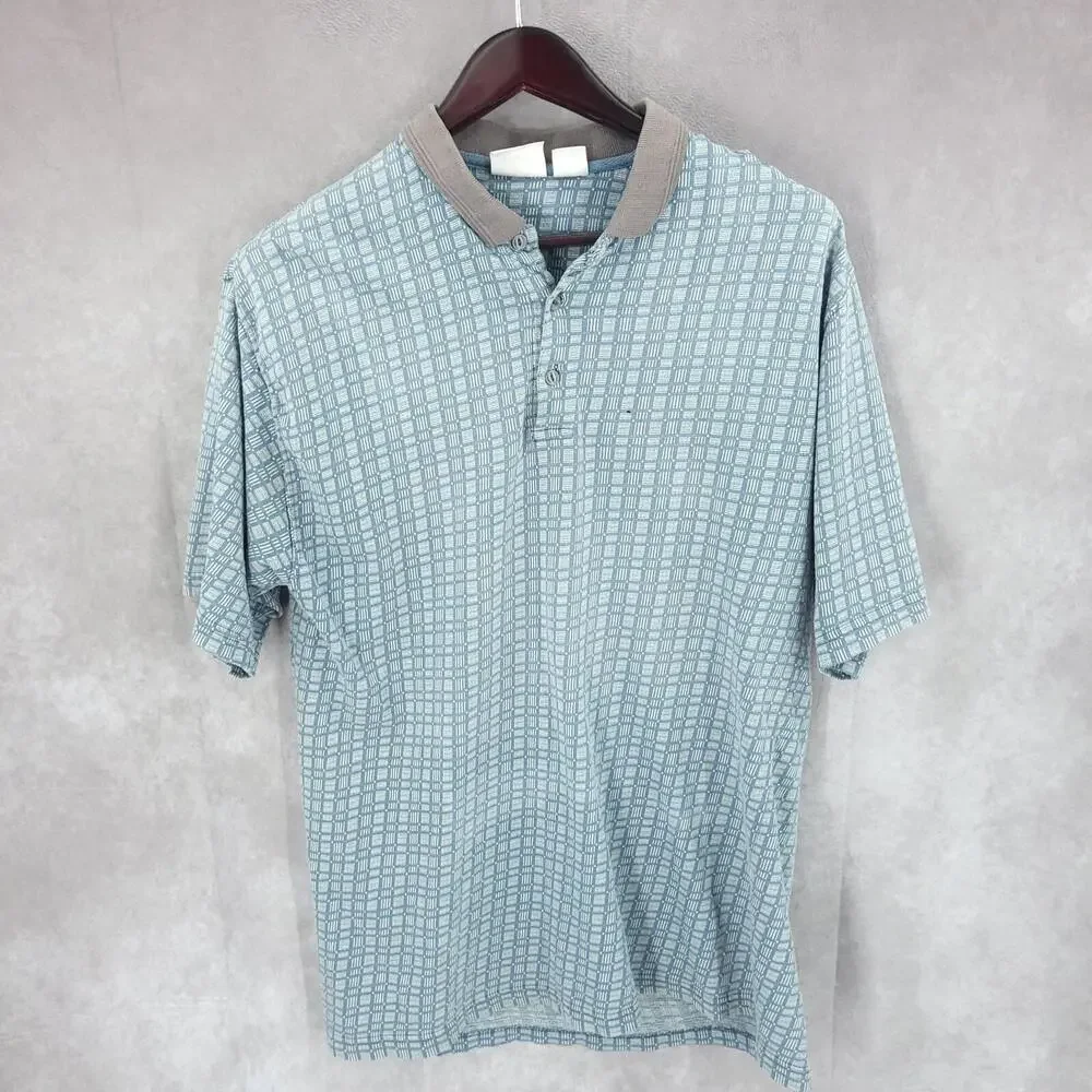 Bugle Boy Company Polo Shirt‎ Mens Blue Large Geo Print Short Sleeve Golf Casual